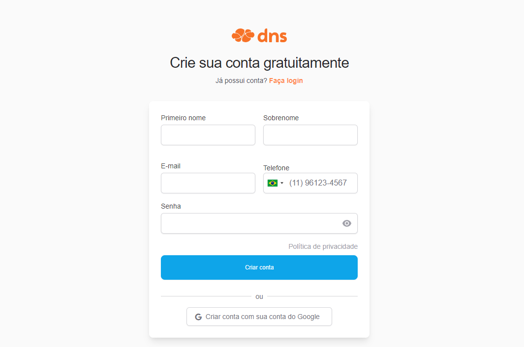 Página de registro de nova conta do Lumiun DNS