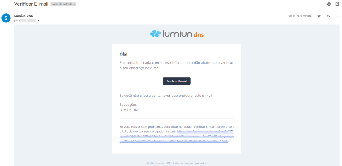 Verificação de e-mail após criar conta na ferramenta de filtragem DNS, Lumiun DNS.