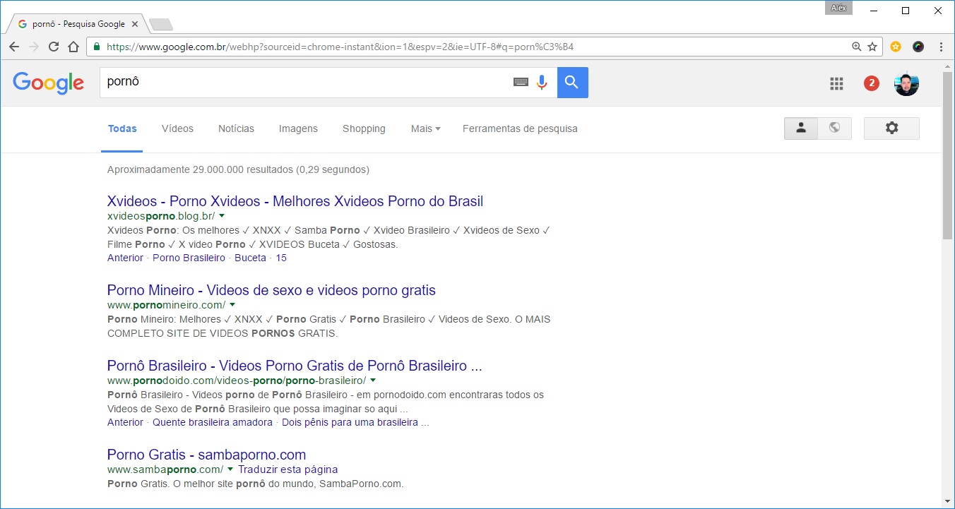 Resultados da busca do Google para a palavra "pornô".