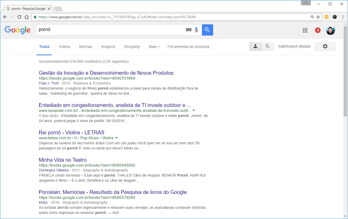 Resultados das busca do Google para a palavra "pornô", com o serviço SafeSearch ativado.