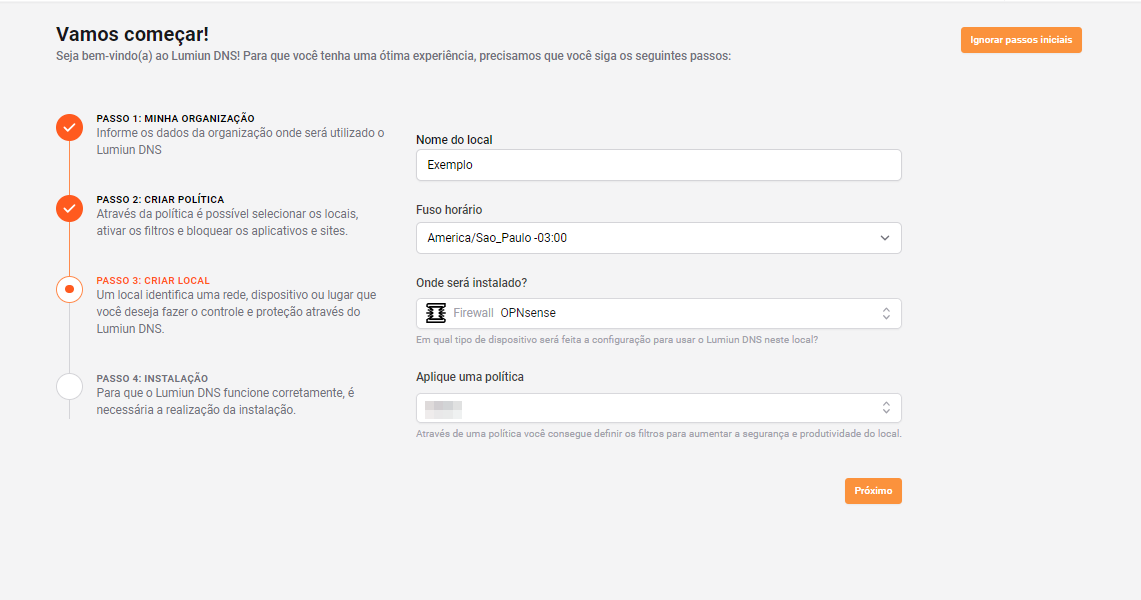 Passo 3: criar o local e definir o firewall OPNsense