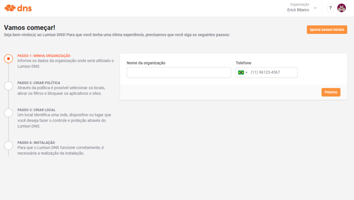 Primeiro passo para realizar a configuração da ferramenta Lumiun DNS