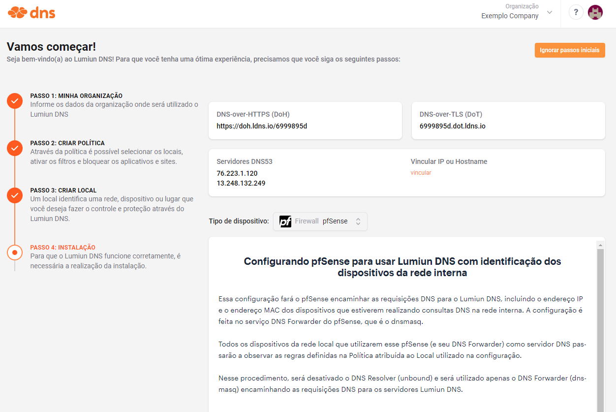 Guia de instalação para o tipo de local selecionado no Lumiun DNS