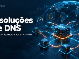 Capa do artigo sobre 9 soluções de DNS para velocidade, segurança e controle, com ilustração de servidores e conexões de rede