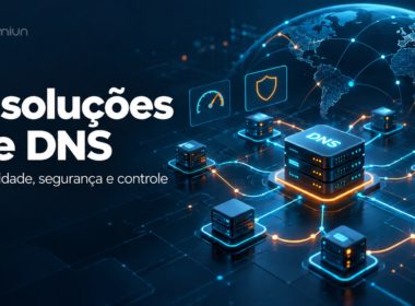 Capa do artigo sobre 9 soluções de DNS para velocidade, segurança e controle, com ilustração de servidores e conexões de rede