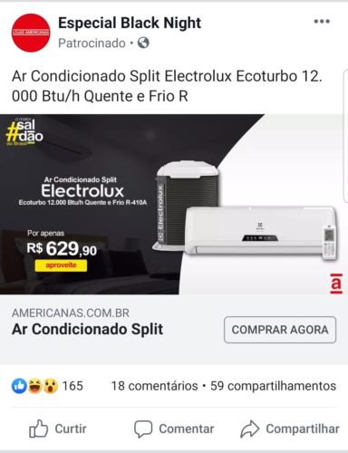 Exemplo de anúncio phishing da Americanas no Facebook - Ar condicionado Electrolux