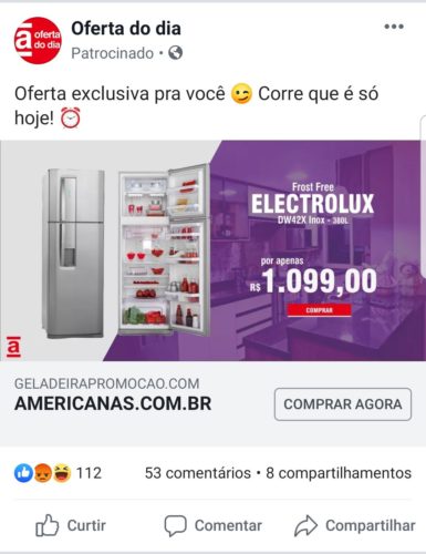 Exemplo de anúncio phishing da Americanas no Facebook - Geladeira Electrolux