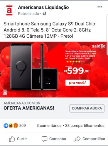 Exemplo de anúncio phishing da Americanas no Facebook - Samsung Galaxy S9