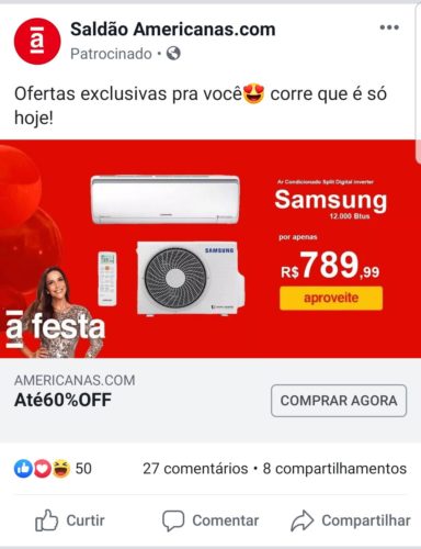 Exemplo de anúncio phishing da Americanas no Facebook - Ar condicionado Samsung