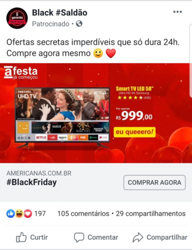 Exemplo de anúncio phishing da Americanas no Facebook - TV Samsung 4K 58