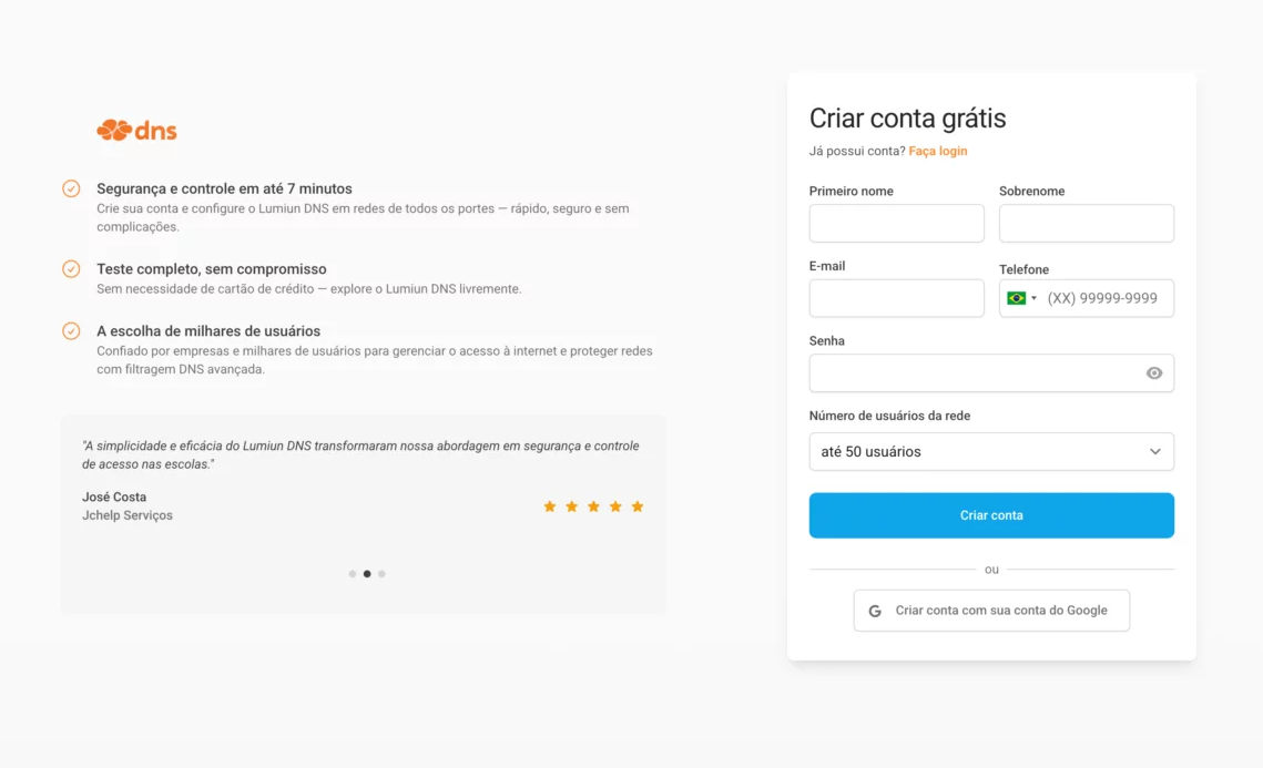 Painel inicial do Lumiun DNS exibindo as etapas para configurar o controle de acesso à internet na empresa.