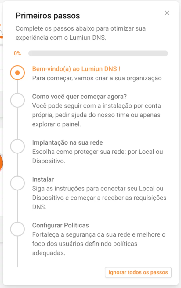 Assistente de configuração inicial do Lumiun DNS para criar políticas e proteger a rede corporativa.