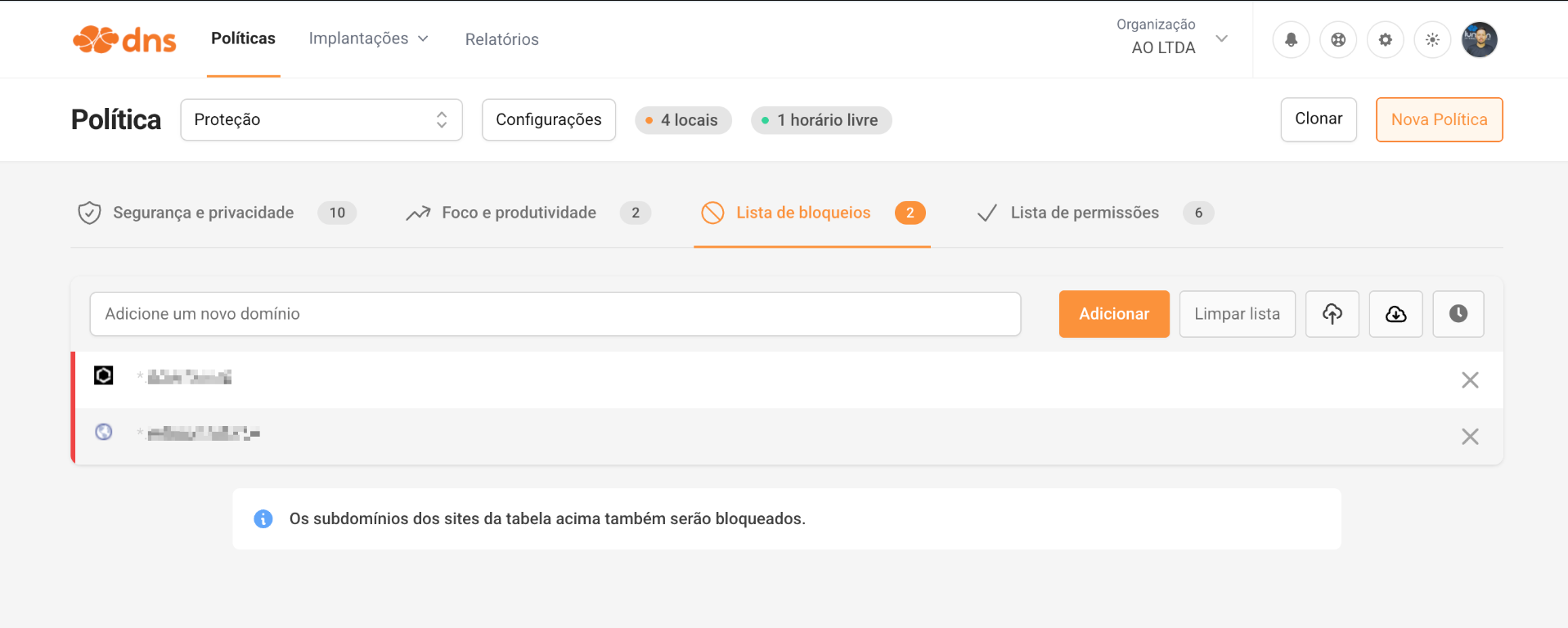 Lista personalizada de domínios no Lumiun DNS para bloquear ou liberar sites específicos conforme a política de acesso da empresa.