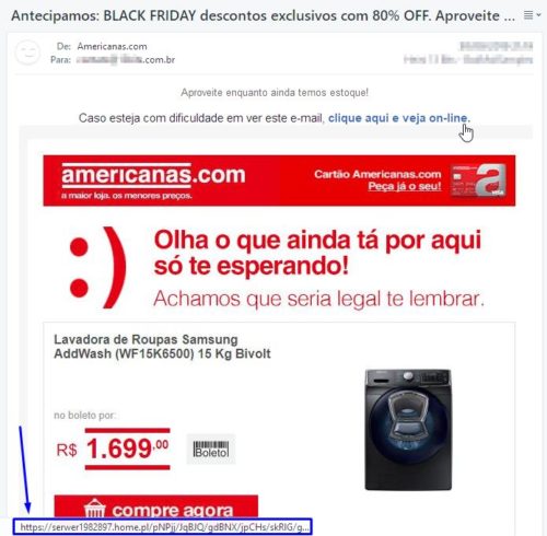 Exemplo de e-mail phishing Americanas