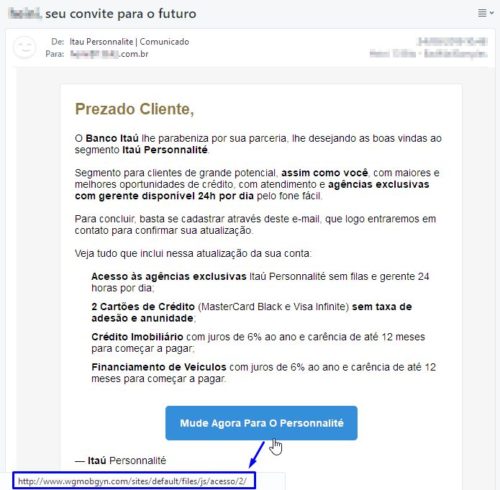 Exemplo de e-mail phishing Itaú