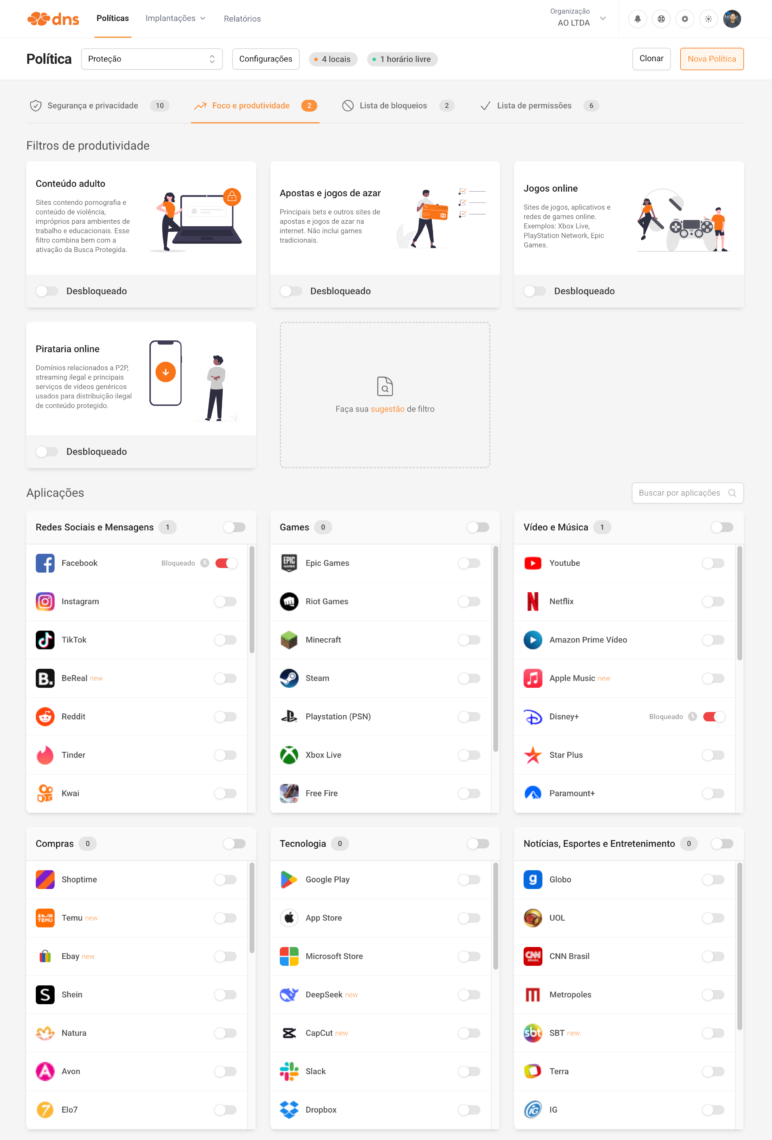 Página para ativar os filtros de foco e produtividade no Lumiun DNS