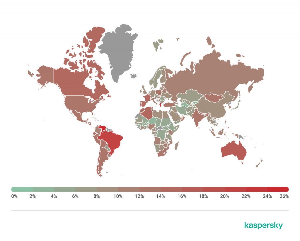 Mapa dos países mais atacados por golpes de phishing no segundo trimestre de 2019