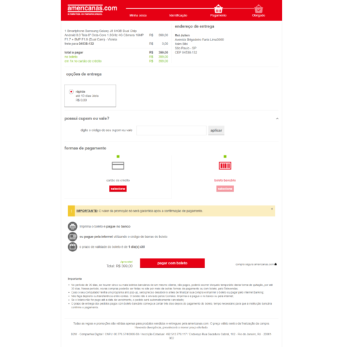 Seleção da forma de pagamento no site falso