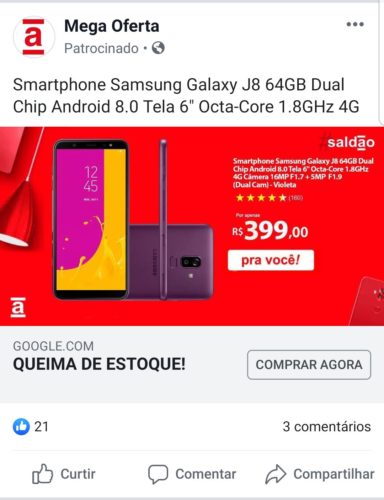 Exemplo de anúncio phishing da Americanas no Facebook - Samsung Galaxy J8