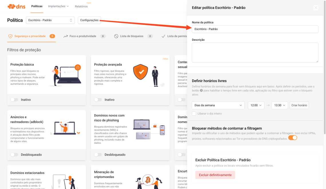 Configuração das políticas