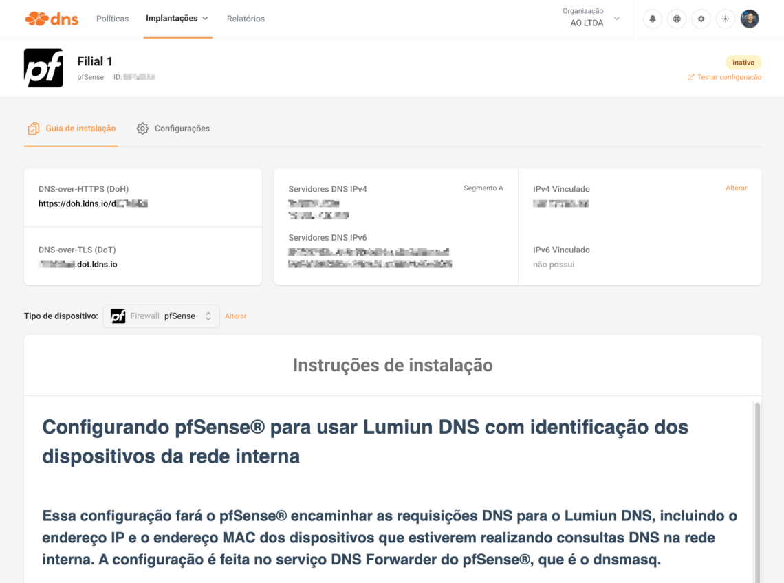 Guia de instalação para o tipo de local selecionado no Lumiun DNS