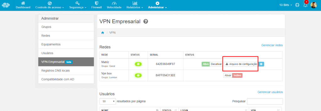 Arquivo de configuração da VPN Empresarial