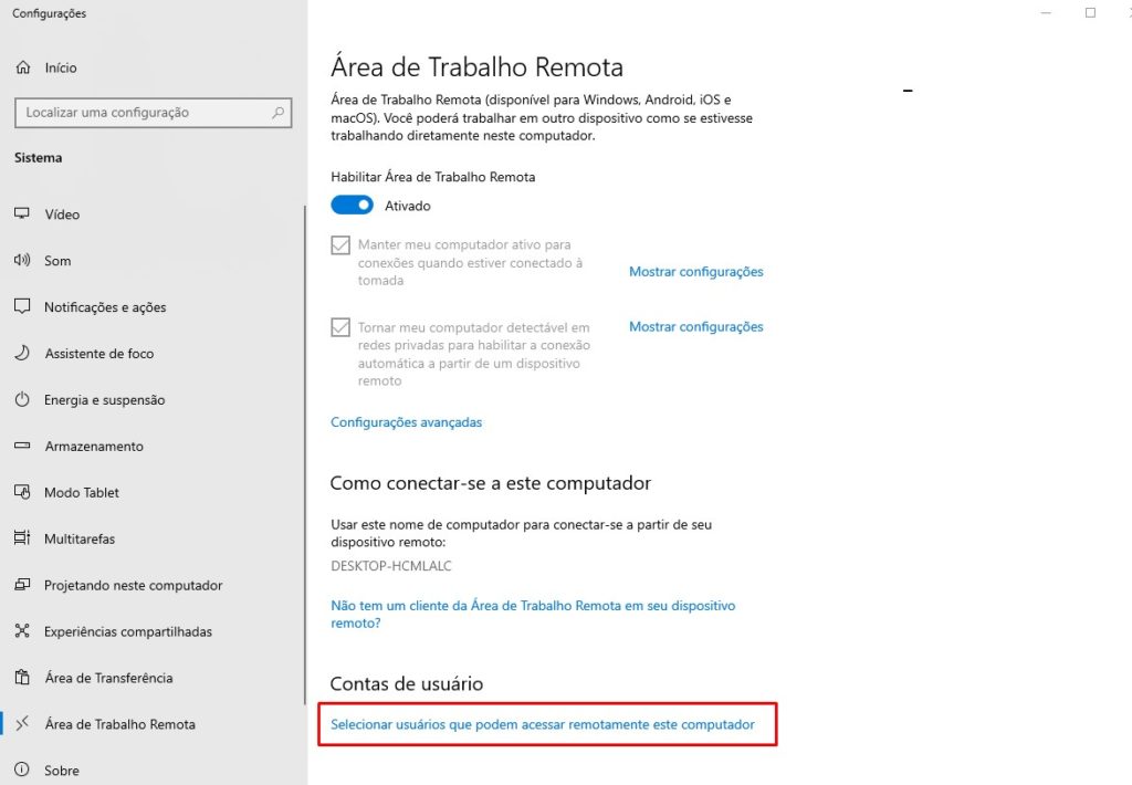 Selecionar usuários que podem acessar remotamente este computador