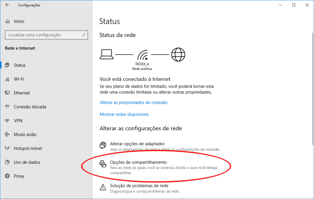 Windows 10 - Configurações de Rede e Internet - item Opções de compartilhamento