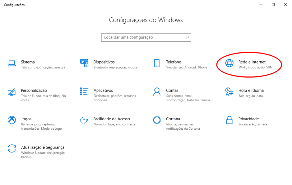 Windows 10 - Configurações do Windows - item Rede e Internet