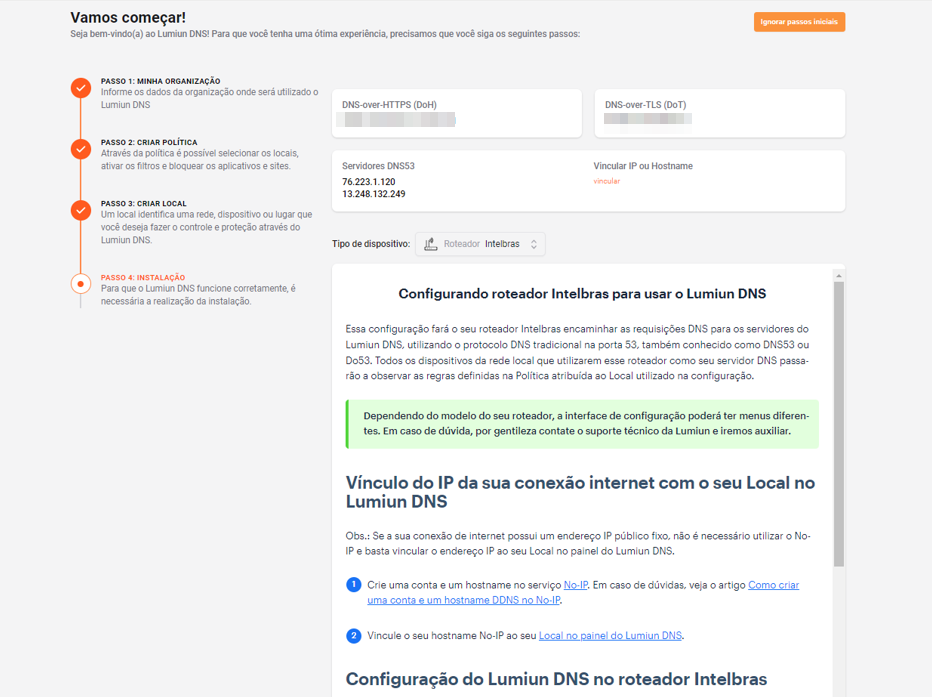 Wizard Lumiun DNS passo 5 na implementação do Lumiun DNS na rede
