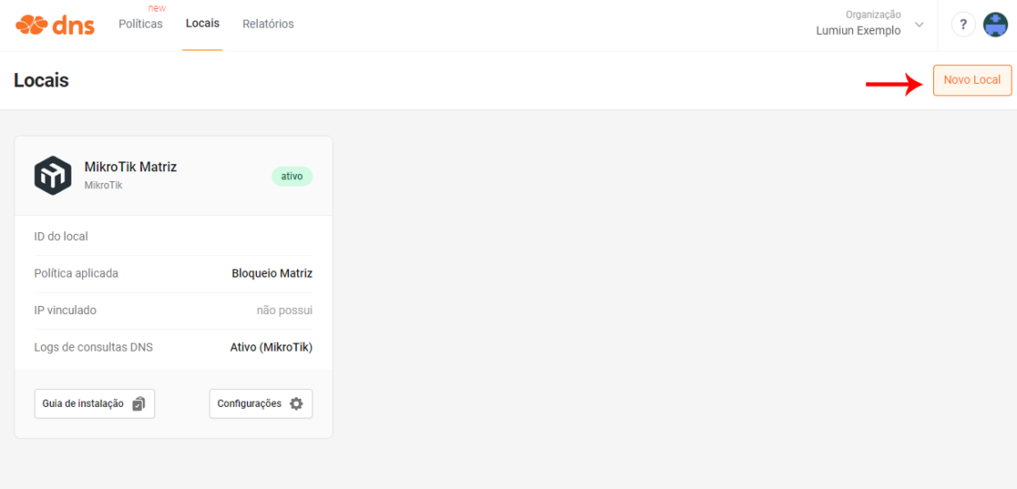 Página de Locais Lumiun DNS - Novo Local