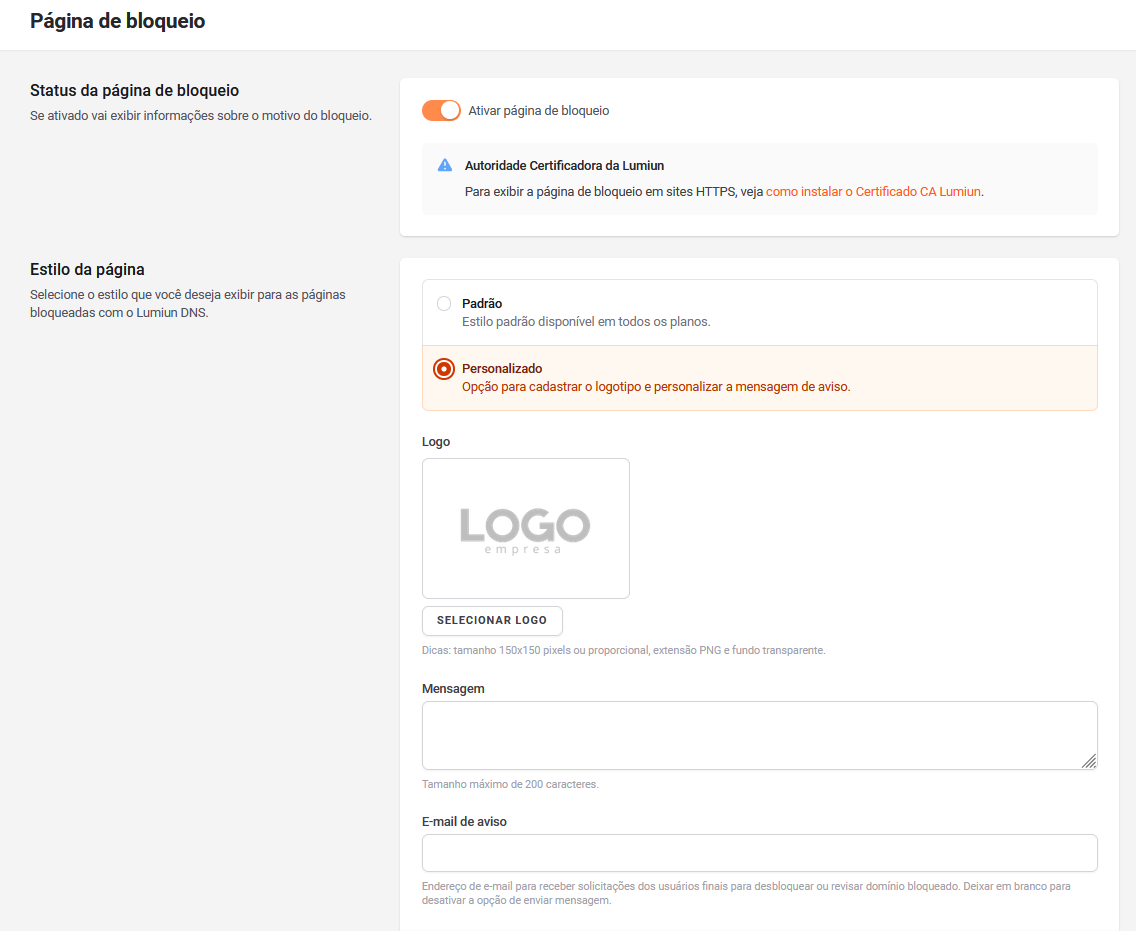 Página do Lumiun DNS com opções de página de bloqueio personalizada